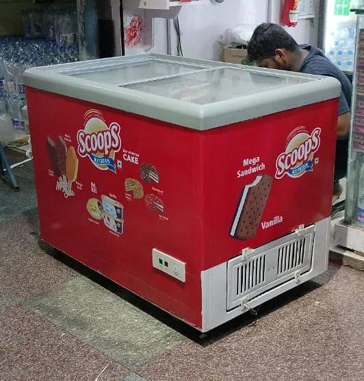 Scoops Ice Cream branded deep freezer by Shristi Advertising
