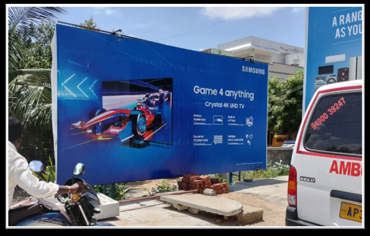 Large-format Samsung hoarding installation in Tirupati by Shristi Advertising